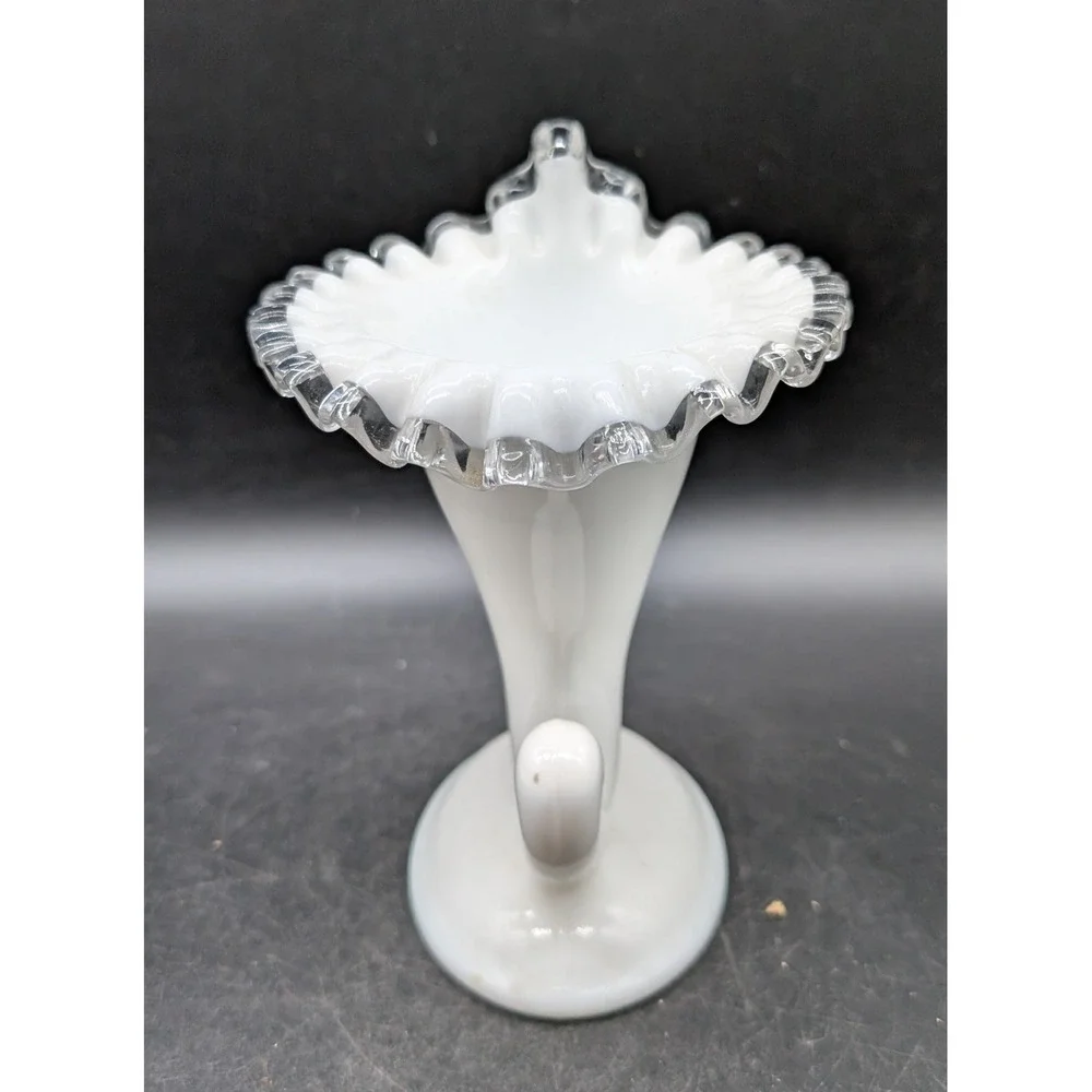 Fenton Milk Glass Silver Crest Ruffled Cornucopia Vase White Clear Edge Vintage